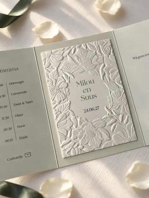 Drieluik trouwkaart met bloemen embossing | Studio Sproet