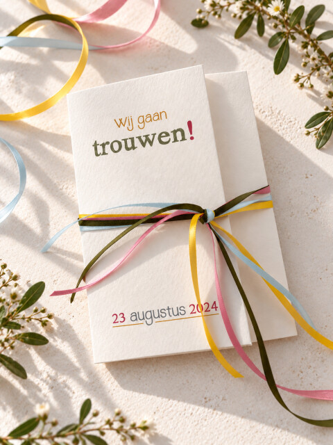 Drieluik trouwkaart festival met gekleurde lintjes | Studio Sproet