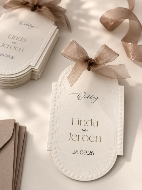 Letterpress trouwkaart met Taupe organza strik | Studio Sproet