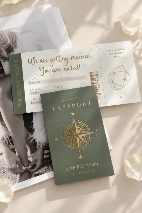 Paspoort + wedding ticket met goudfolie | Studio Sproet