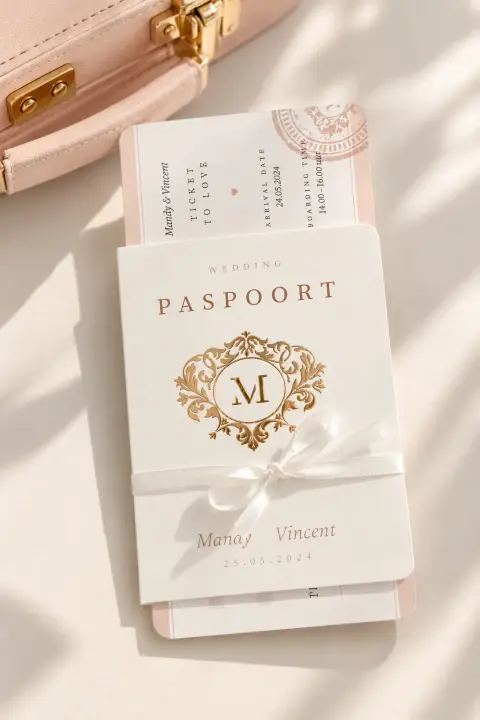 Trouwkaart paspoort met goudfolie | Studio Sproet.com