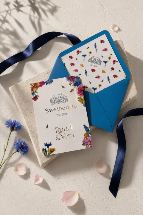 Save the date kaart met envelop met bloemeninlay | Studio Sproet