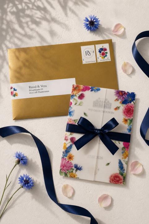 Trouwkaart met transparante bloemen omslag | Studio Sproet