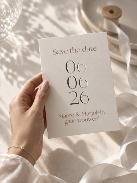 Save the date met grote datum in zilverfolie | Studio Sproet