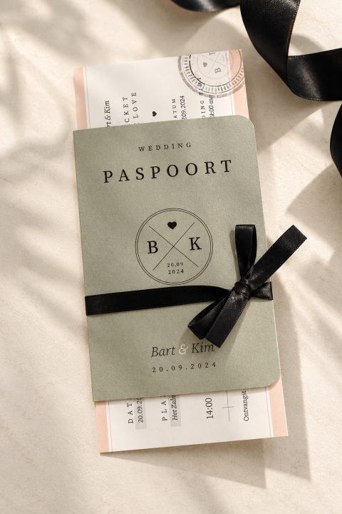 Trouwpaspoort met lint en ticket | Studio Sproet