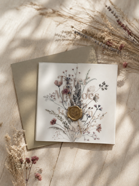Trouwkaart in een transparante omslag met bloemen | Studio Sproet